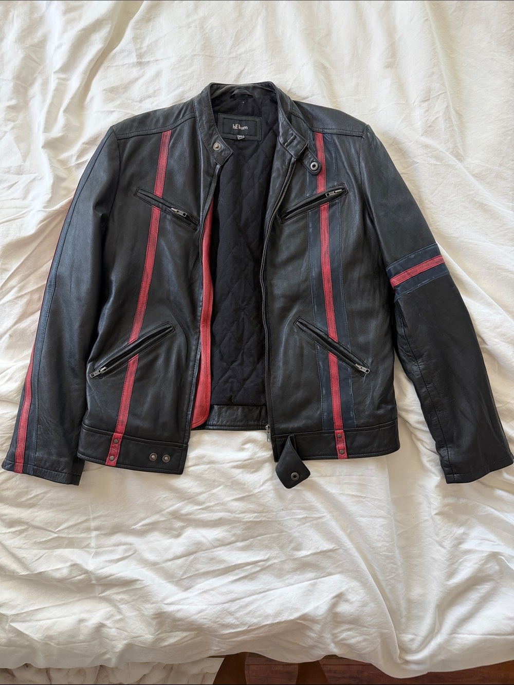 Men's Black Leather Bomber Jacket with Red Stripe Accents